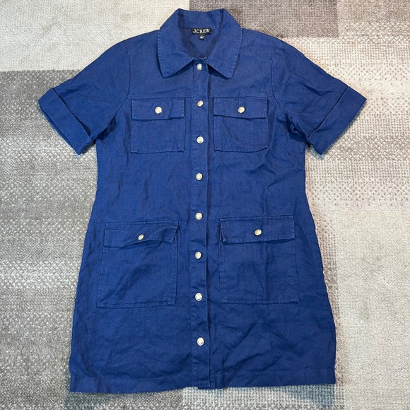 J.Crew Womens Blue 100% Linen Safari Utility Pocket Dress Size 8 Short Sleeve - Picture 2 of 7